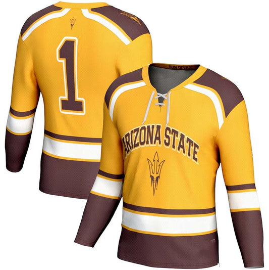 A.State Sun Devils #1 Player Ice Hockey Game Jersey - Gold Stitched American College Jerseys