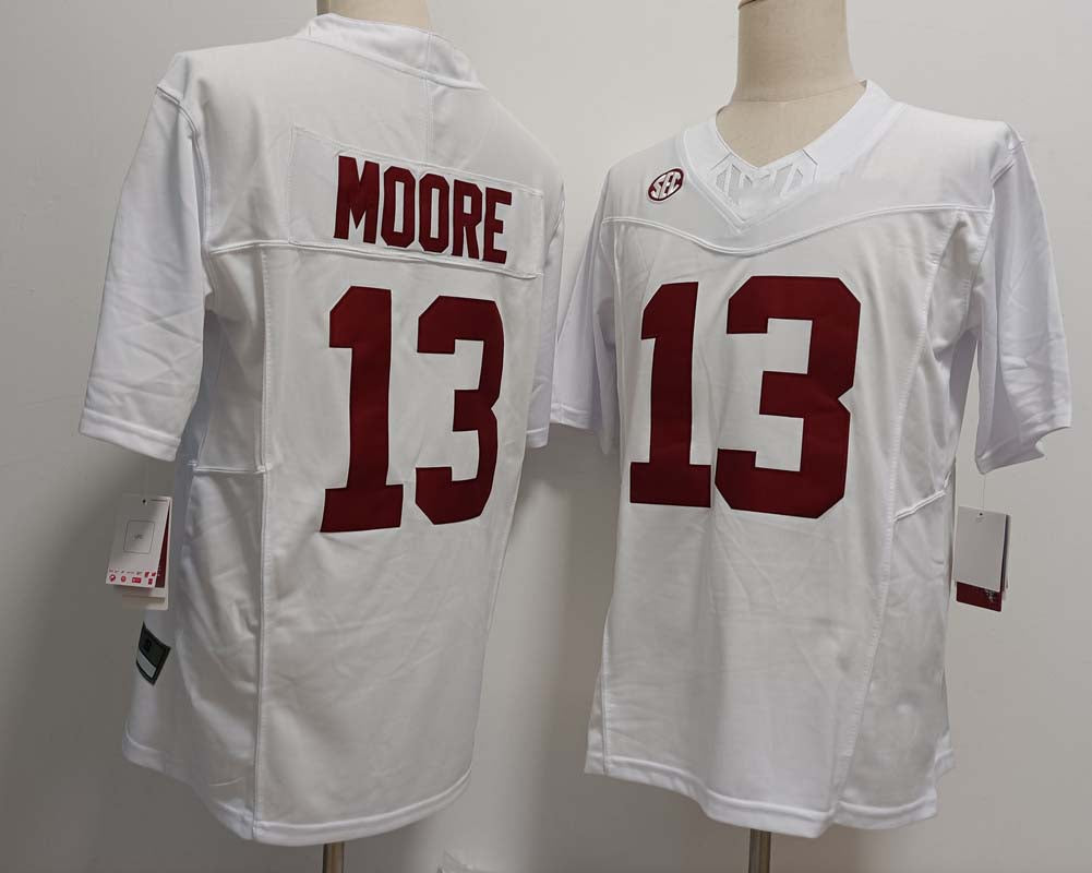 A.Crimson Tide #13 Malachi Moore Player Game Jersey White FUSE American College Jerseys