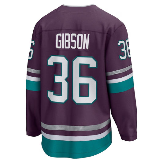 A.Ducks #36 John Gibson Player Fanatics 30th Anniversary Premier Breakaway Jersey - Purple Stitched American Hockey Jerseys