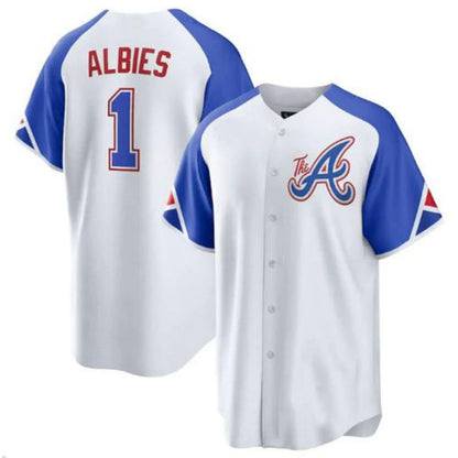 A.Braves #1 Ozzie Albies White Replica Player Jersey Stitches Baseball Jerseys