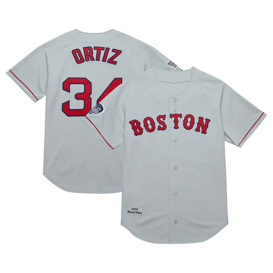 B.Red Sox #34 David Ortiz Player Cooperstown Collection Authentic Throwback Jersey - Gray Stitched Baseball Jerseys