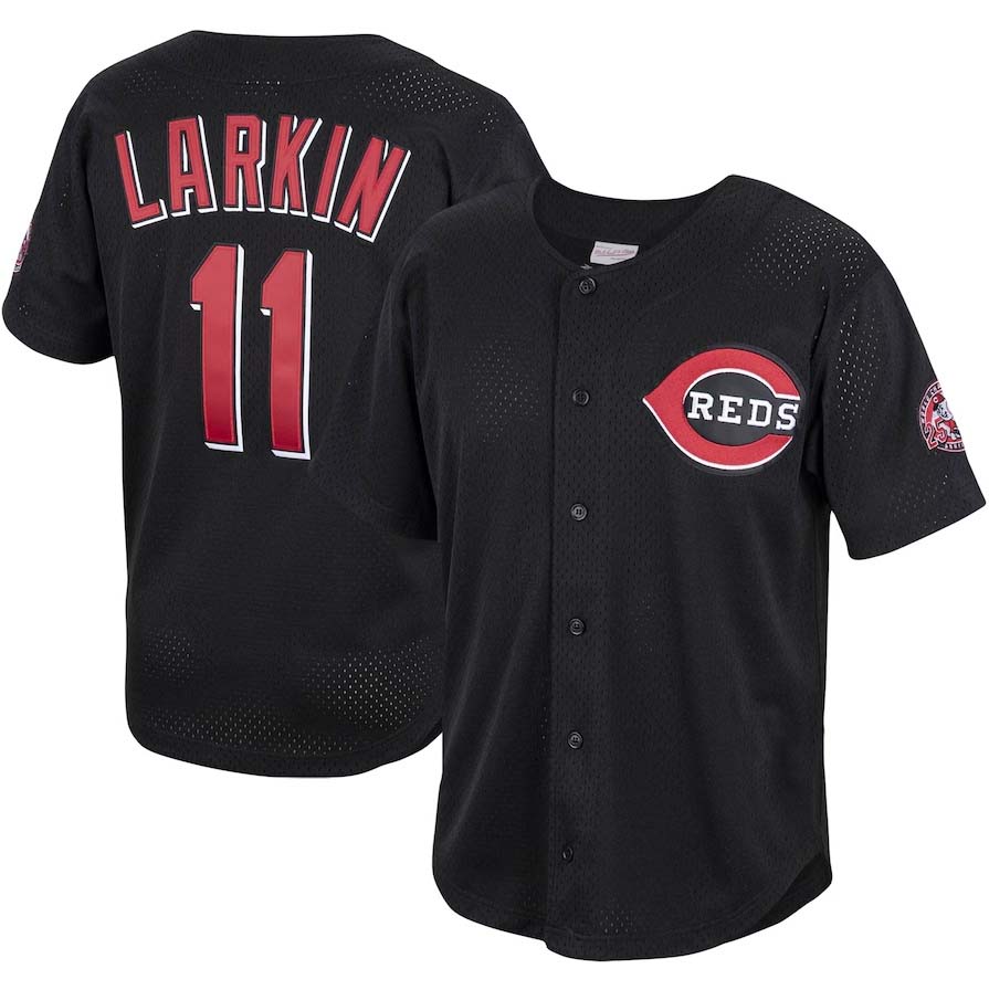 C.Reds #11 Barry Larkin Player Cooperstown Collection Mesh Batting Practice Button-Up Jersey - Black Baseball Jerseys