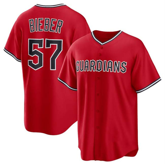 C.Guardians #57 Shane Bieber Player Red Game Jersey Cool Base Stitched Baseball Jerseys