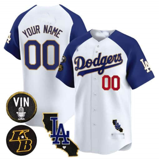 Custom LA.Dodgers Vin Patch & Kobe Bryant Gold Trim Vapor Premier Limited V2 – Stitched Baseball Jerseys