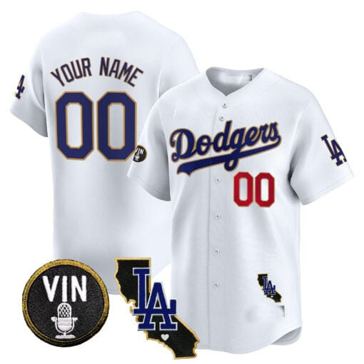 Custom LA.Dodgers Vin & California Patch Gold Trim Vapor Premier Limited –Stitched Baseball Jerseys