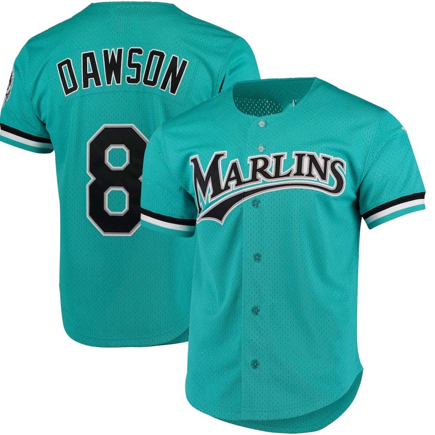 Florida Marlins #8 Andre Dawson Mitchell & Ness Cooperstown Collection Mesh Batting Practice Button-Up Jersey - Teal Player Stitched Baseball Jerseys