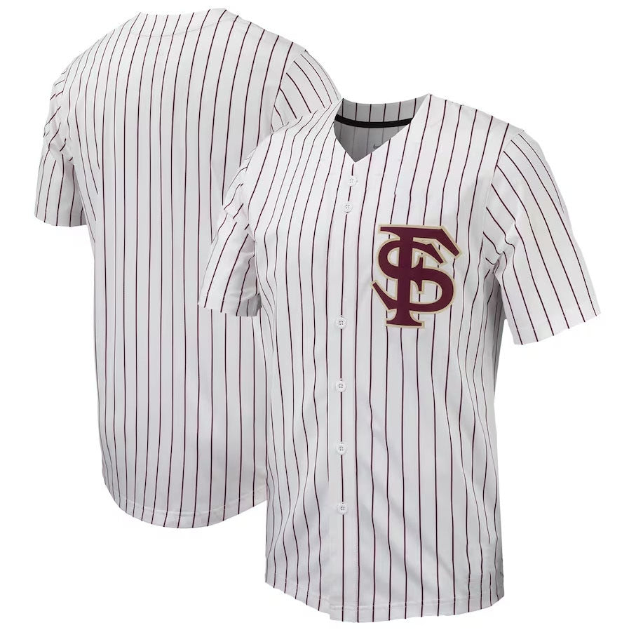 F.State Seminoles Pinstripe Replica Full-Button Player Baseball Jersey - White Garnet American College Jerseys