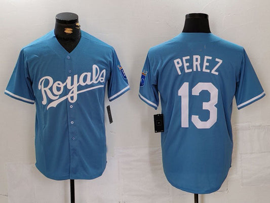 KC.Royals #13 Salvador Perez Player Light Blue Cool Base Stitched Baseball Jerseys