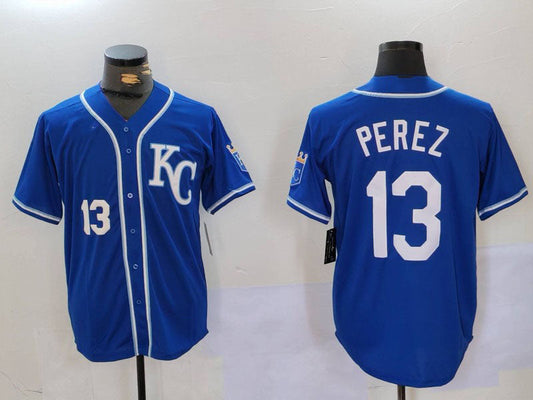 KC.Royals #13 Salvador Perez Player Jersey Blue KC Cool Base Stitched Baseball Jerseys