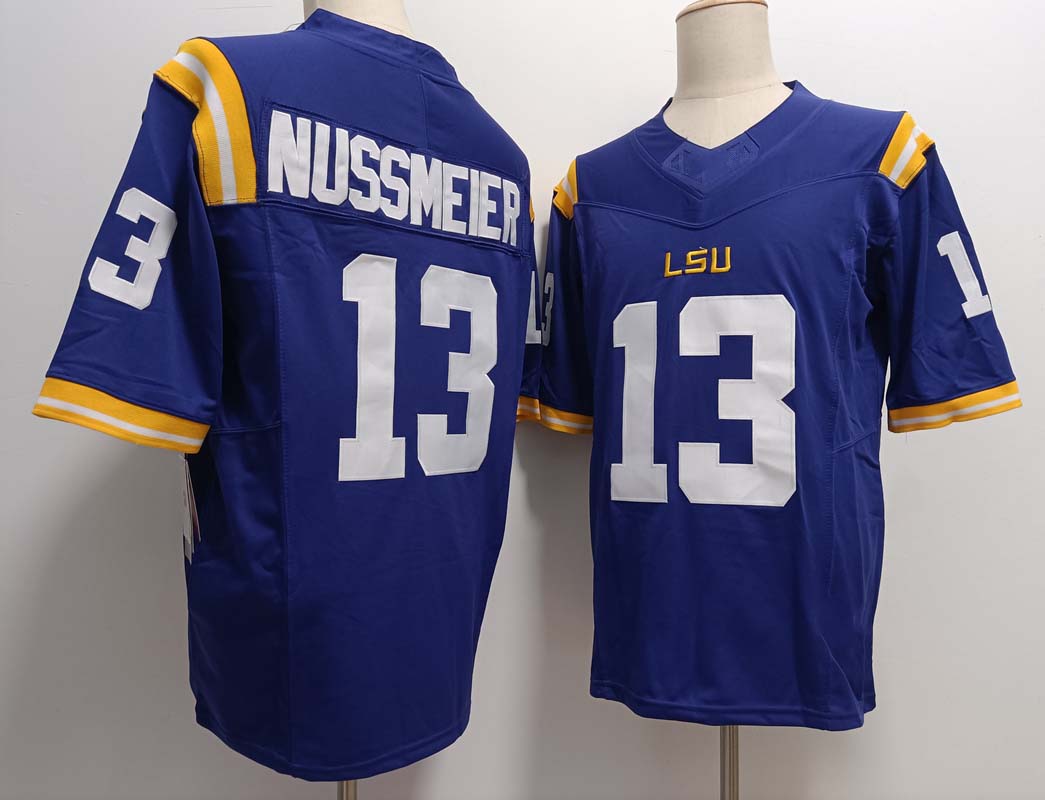 L.Tigers #13 Garrett Nussmeier Player Purple Game Jersey Stitched American College Jerseys