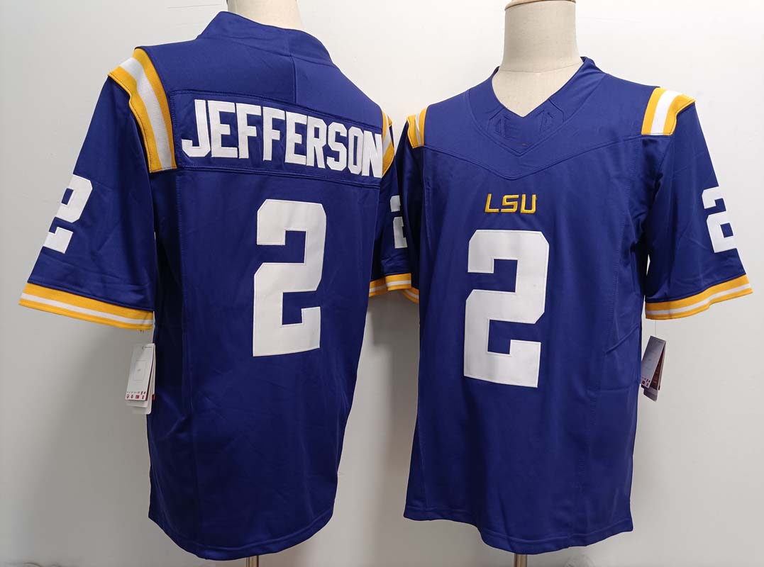 L.Tigers #2 Justin Jefferson Player Game Jersey Purple Stitched American College Jerseys