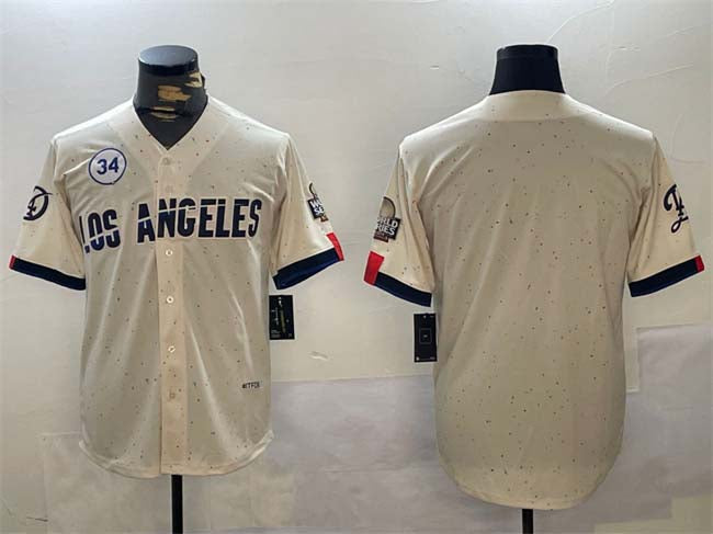 LA.Dodgers Blank Player Cream With No. 34 Patch Limited Stitched Baseball Jerseys