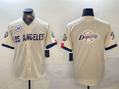 LA.Dodgers Team Big Logo Cream With No.34 Patch Limited Stitched Baseball Jerseys Player Jersey