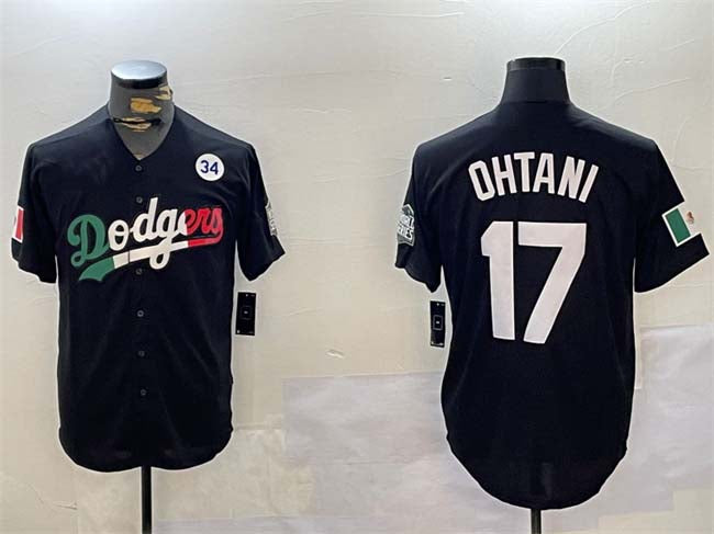 LA.Dodgers #17 Shohei Ohtani Player Black With No. 34 Patch Cool Base Stitched Baseball Jerseys