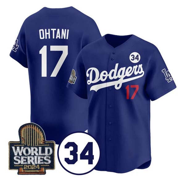 LA.Dodgers #17 Shohei Ohtani Player Royal World Series With No. 34 Patch Cool Base Stitched Baseball Jerseys