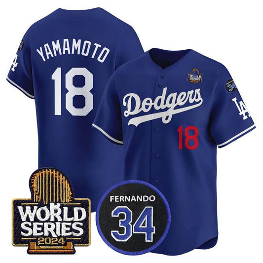 LA.Dodgers #18 Yoshinobu Yamamoto Player Royal World Series With Fernando Memorial Patch Limited Stitched Baseball Jerseys