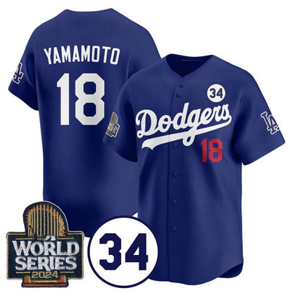 LA.Dodgers #18 Yoshinobu Yamamoto Player Royal World Series With No. 34 Patch Cool Base Stitched Baseball Jerseys