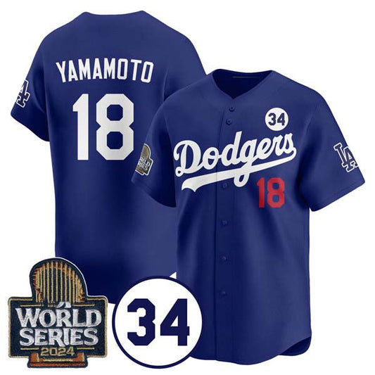 LA.Dodgers #18 Yoshinobu Yamamoto Player Royal World Series With No. 34 Patch Cool Base Stitched Baseball Jerseys