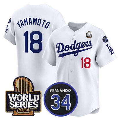 LA.Dodgers #18 Yoshinobu Yamamoto Player White World Series With Fernando Memorial Patch Limited Stitched Baseball Jerseys