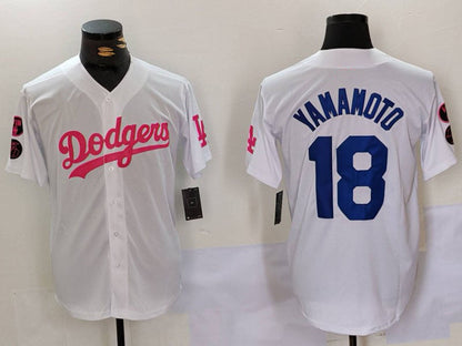 LA.Dodgers #18 Yoshinobu Yamamoto White Pink Player Stitched Baseball Jerseys