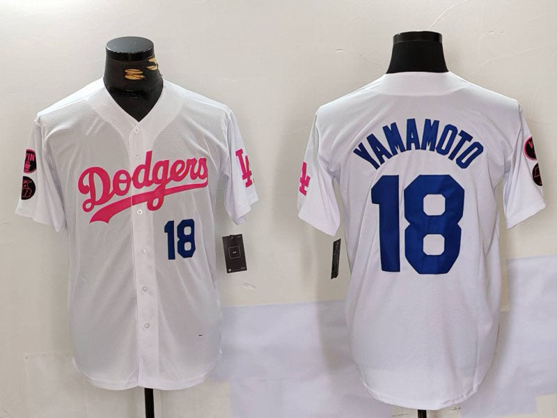 LA.Dodgers #18 Yoshinobu Yamamoto Player White Pink Vin & Kobe Patch Stitched Baseball Jersey