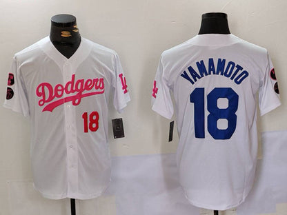 LA.Dodgers #18 Yoshinobu Yamamoto White Pink Stitched Baseball Jerseys Player Jersey