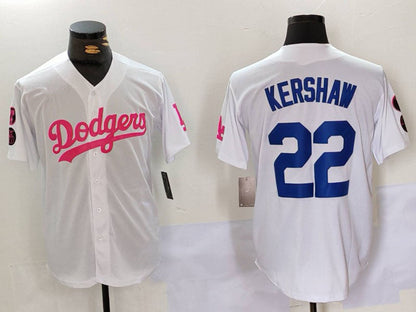 LA.Dodgers #22 Clayton Kershaw Player White Pink Vin & Kobe Patch Stitched Baseball Jerseys