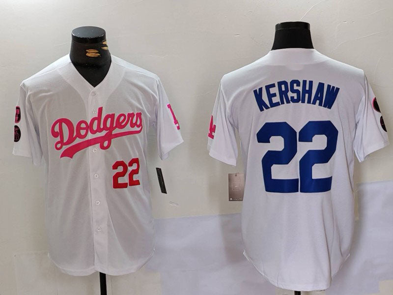 LA.Dodgers #22 Clayton Kershaw White-Pink Stitched Baseball Jerseys Player Jersey