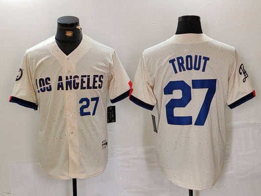 LA.Dodgers #27 Mike Trout Cream Limited Stitched Baseball Jerseys Player Game Jersey