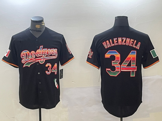 LA.Dodgers #34 Fernando Valenzuela Player Black Rainbow Mexico Cool Base Stitched Fashion Baseball Jerseys