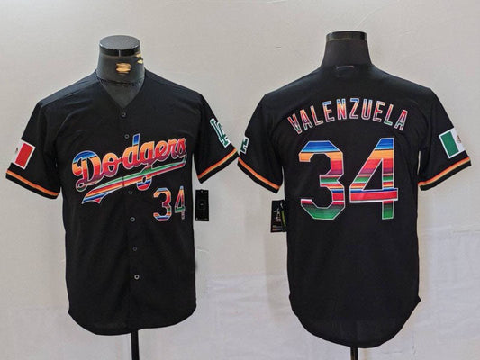 LA.Dodgers #34 Fernando Valenzuela Player Black Rainbow Mexico Cool Base Stitched Baseball Jersey