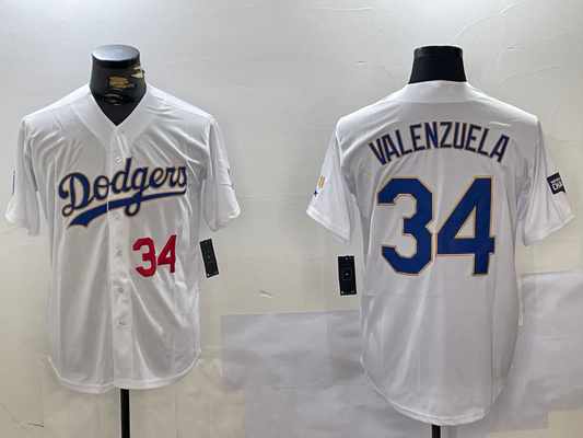 LA.Dodgers #34 Fernando Valenzuela Player White Gold Championship Stitched Cool Base Baseball Jerseys