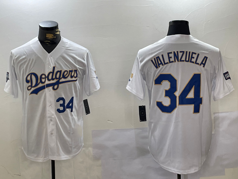 LA.Dodgers #34 Fernando Valenzuela Player White Championship Stitched Cool Base Baseball Jerseys