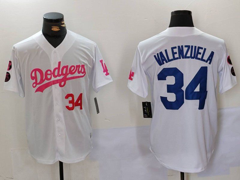 LA.Dodgers #34 Fernando Valenzuela Player White Pink Vin & Kobe Patch Stitched Baseball Jerseys