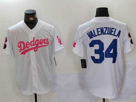 LA.Dodgers #34 Fernando Valenzuela White Pink Stitched Baseball Jerseys Player Jersey