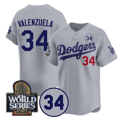 LA.Dodgers #34 Toro Valenzuela Player Gray 2024 World Series With No. 34 Patch Limited Stitched Baseball Jerseys