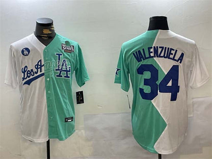 LA.Dodgers #34 Toro Valenzuela Player White Green Split World Series All-Star Cool Base Stitched Baseball Jerseys