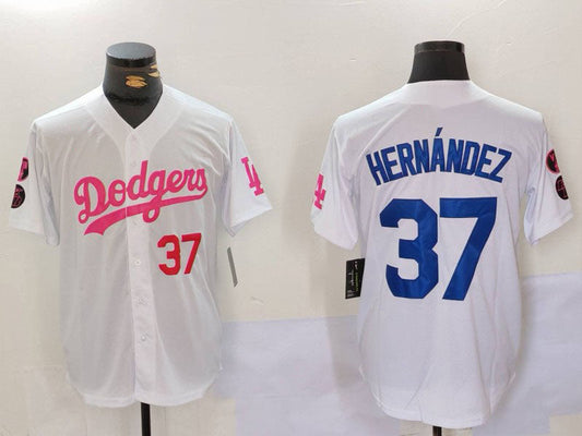 LA.Dodgers #37 Teoscar Hernández Player White Pink Vin & Kobe Patch Stitched Baseball Jerseys