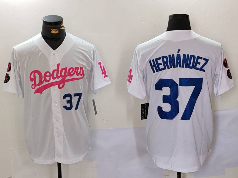 LA.Dodgers #37 Teoscar Hernández White Pink Stitched Baseball Jerseys Player Game Jersey