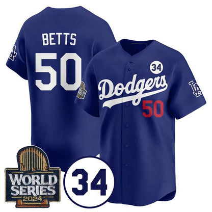 LA.Dodgers #50 Mookie Betts Player Royal World Series With No. 34 Patch Cool Base Stitched Baseball Jerseys