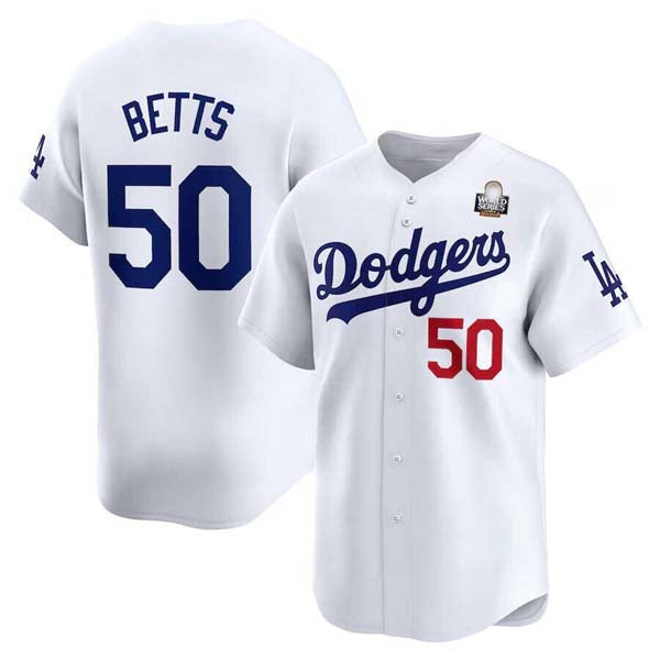 LA.Dodgers #50 Mookie Betts Player White World Series Home Limited Cool Base Stitched Baseball Jersey