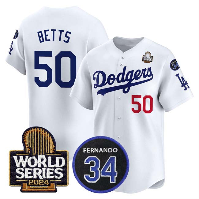 LA.Dodgers #50 Mookie Betts Player White World Series With Fernando Memorial Patch Limited Stitched Baseball Jerseys