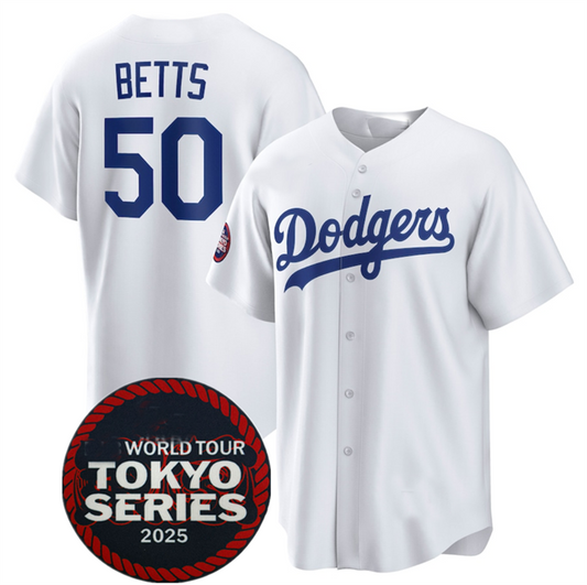 LA.Dodgers #50 Mookie Betts Player White 2025 World Tour Tokyo Series Home Stitched Baseball Jerseys