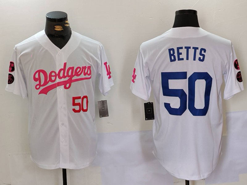 LA.Dodgers #50 Mookie Betts White Pink Stitched Baseball Jerseys Player Jersey