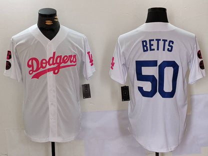 LA.Dodgers #50 Mookie Betts Player White Pink Vin & Kobe Patch Stitched Baseball Jerseys