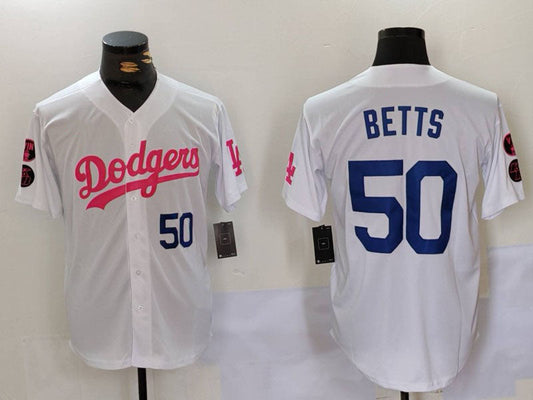 LA.Dodgers #50 Mookie Betts White Pink Player Game Jersey Stitched Baseball Jerseys