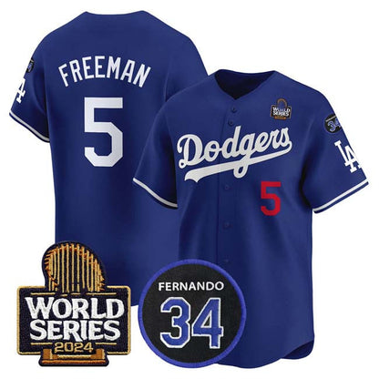 LA.Dodgers #5 Freddie Freeman Player Royal World Series With Fernando Memorial Patch Limited Stitched Baseball Jerseys