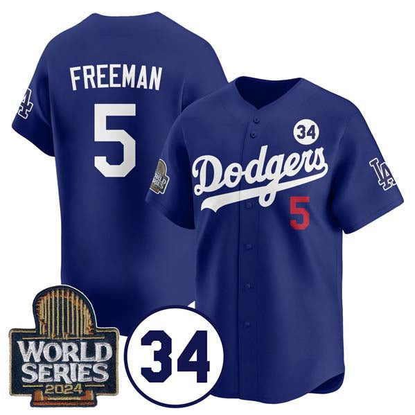 LA.Dodgers #5 Freddie Freeman Player Royal World Series With No. 34 Patch Cool Base Stitched Baseball Jersey