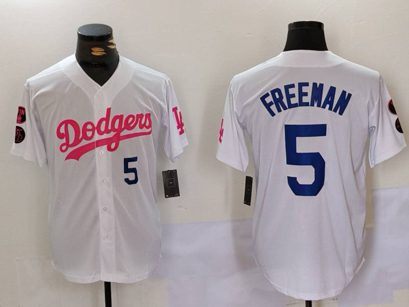 LA.Dodgers #5 Freddie Freeman Player White Pink Vin & Kobe Patch Stitched Baseball Jerseys