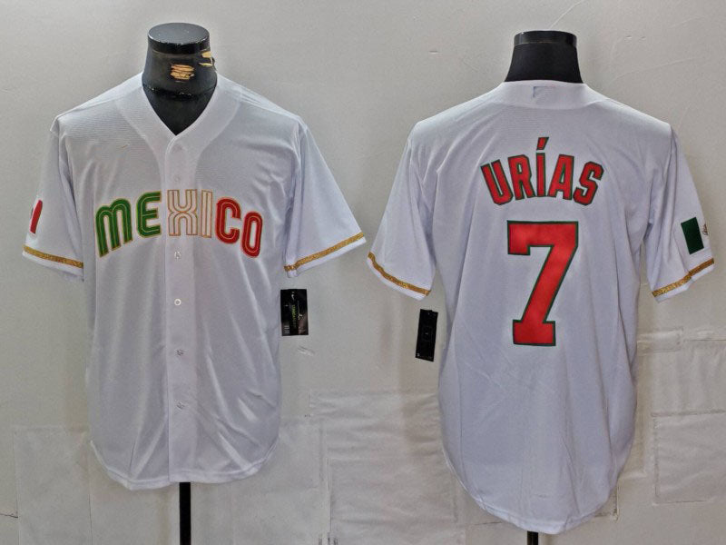 M.Baseball #7 Julio Urias Player White World Classic Game Jersey Stitched Baseball Jerseys